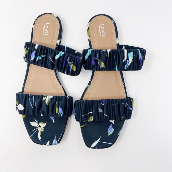 Lewit Size 36.5 Navy Blue Elena Floral Square Toe Sandals Satin Slide Ruched 6.5 - Picture 3 of 13
